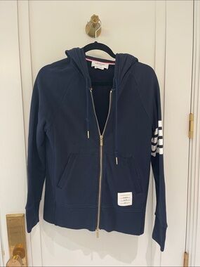 Thom Browne Navy Hooded Zip Jacket with White Four-Stripe Sleeve